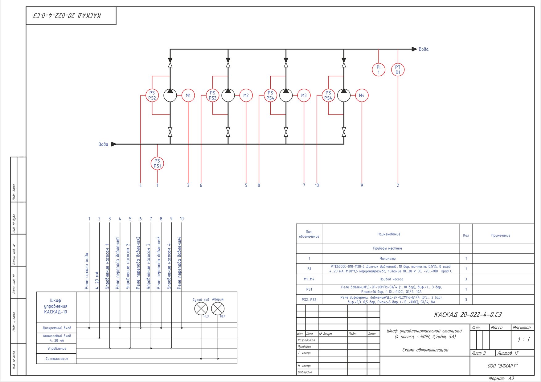Схема автоматизации КАСКАД 20-ххх-4-0 (управление четырьмя насосами)