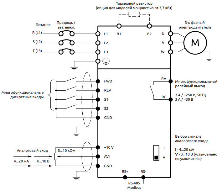 Схема подключения преобразователей частоты ELHART серии EMD‑MINI