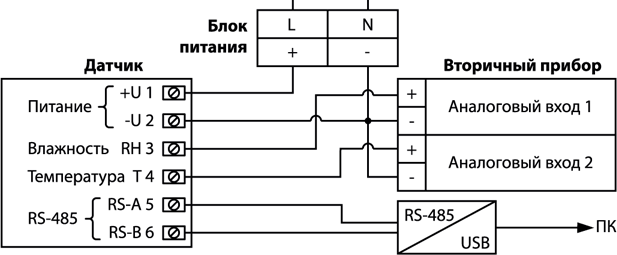 Схема внешних электрических подключений датчиков HTE.Tx1*-U10-RS