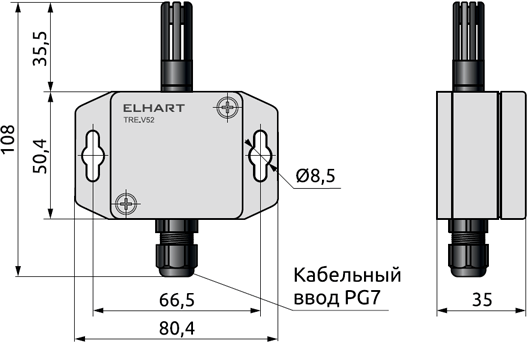 Габаритные размеры термопреобразователя TRE.V52, мм